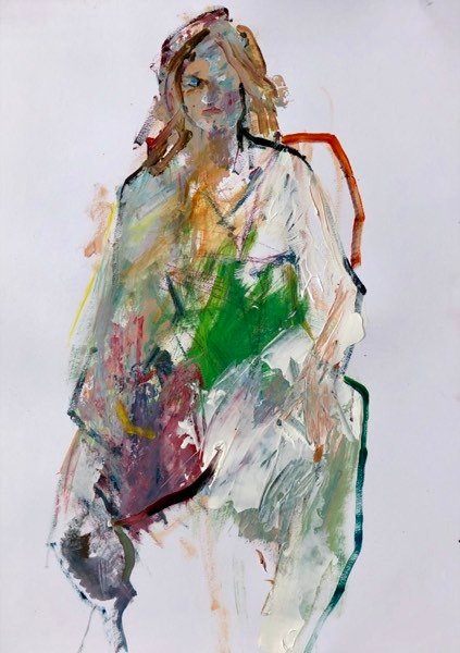 Model met groen kleed — schilderij van Henk van Dam
