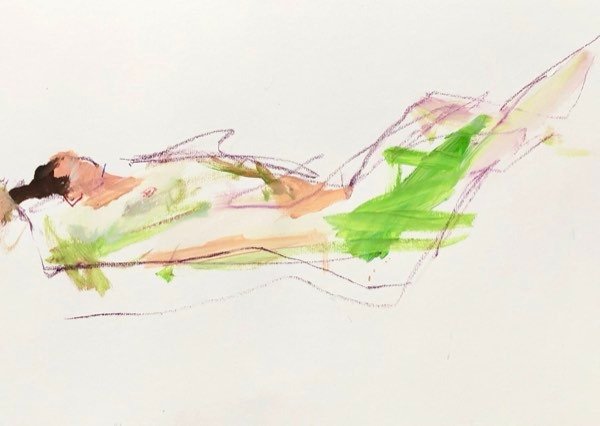 Model, liggend in groen — schilderij van Henk van Dam