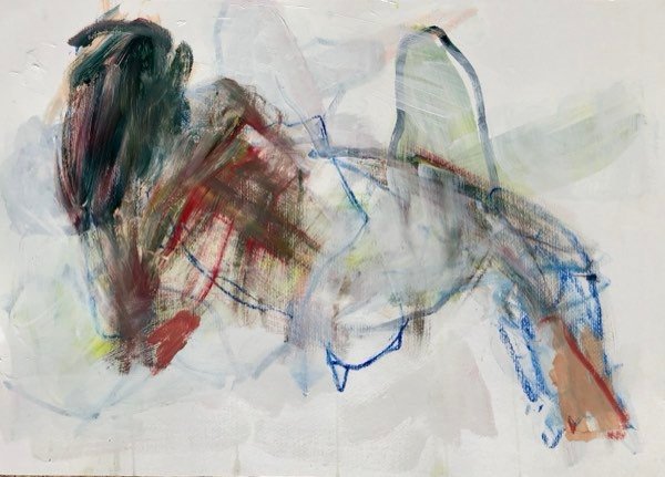 Model, zittend in roze — schilderij van Henk van Dam