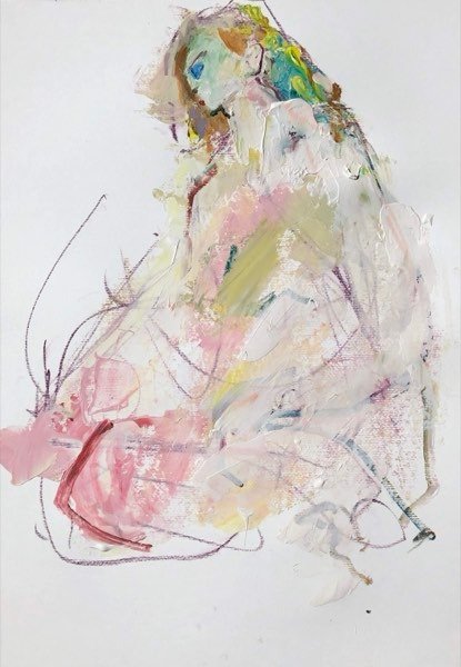 Model, zittend in roze — schilderij van Henk van Dam