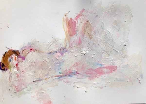 Model, liggend in wit — schilderij van Henk van Dam