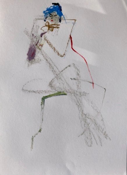 Model, blauw lijnwerk — schilderij van Henk van Dam