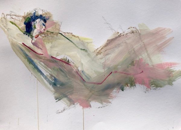 Model, reclinerend grijs — schilderij van Henk van Dam