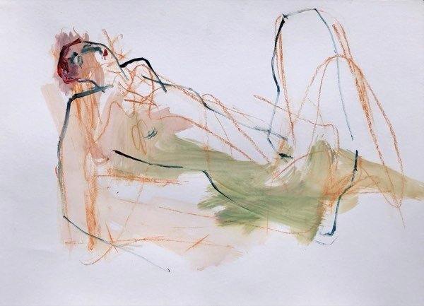 Model, reclinerend krijt — schilderij van Henk van Dam