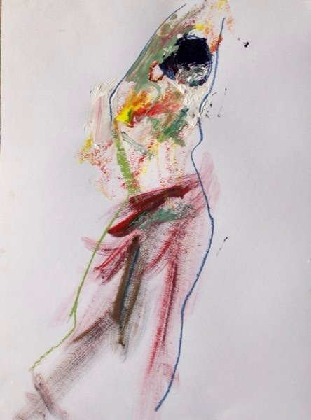 Model, armen omhoog rood — schilderij van Henk van Dam