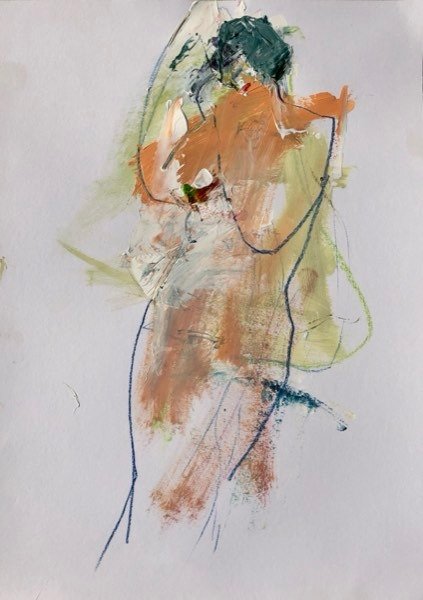 Model, staand oranje — schilderij van Henk van Dam