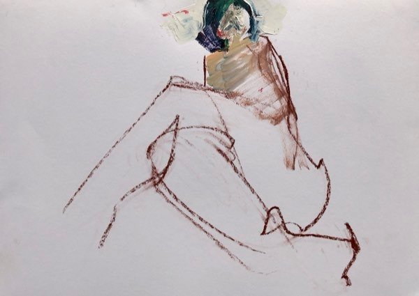 Model, bruine lijnstudie — schilderij van Henk van Dam