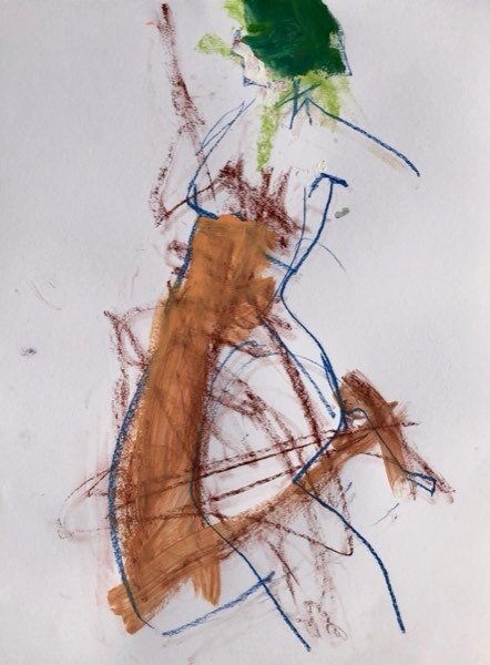 Model, oker en blauw lijnwerk — schilderij van Henk van Dam