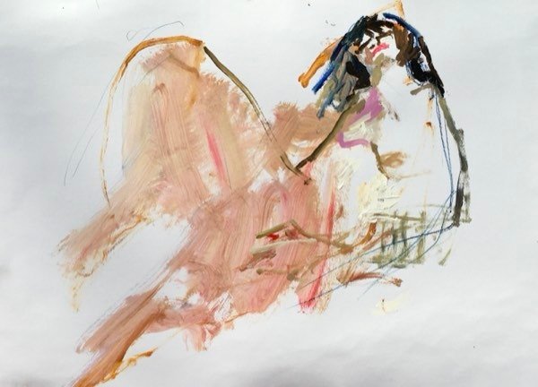 Model, leunend zacht roze — schilderij van Henk van Dam