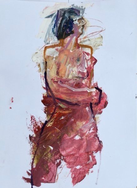 Model, staand rood — schilderij van Henk van Dam