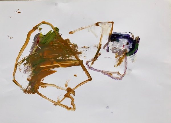 Model, sterk geabstraheerd oker — schilderij van Henk van Dam