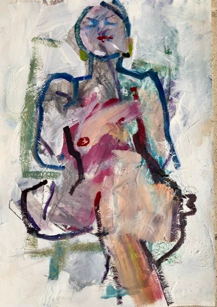Model, blauwe contour mauve — schilderij van Henk van Dam