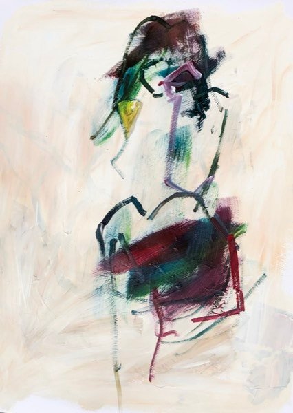 Model met opgetrokken knieën — schilderij van Henk van Dam