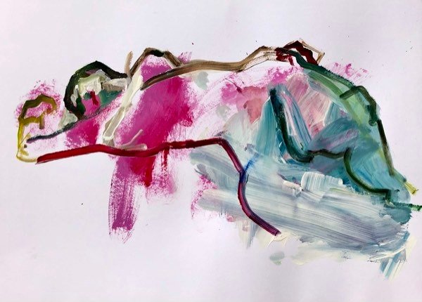 Model, magenta en teal — schilderij van Henk van Dam