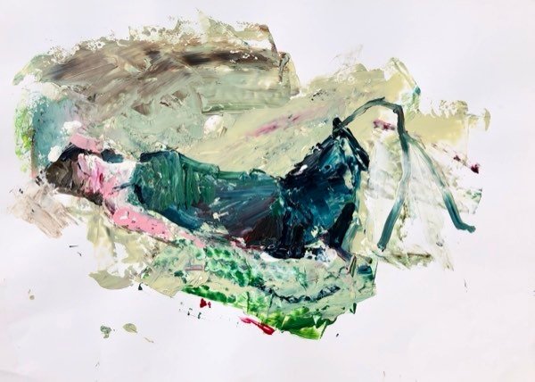 Model, donker teal reclinerend — schilderij van Henk van Dam