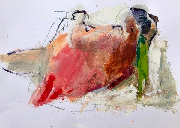 Model, warme rood-oker close-up — schilderij van Henk van Dam
