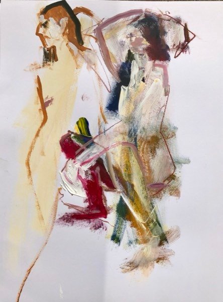 Twee modellen, goud en bordeaux — schilderij van Henk van Dam