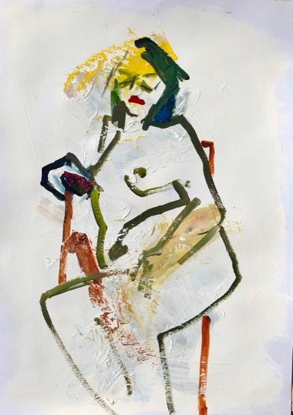 Model, gele haardos — schilderij van Henk van Dam