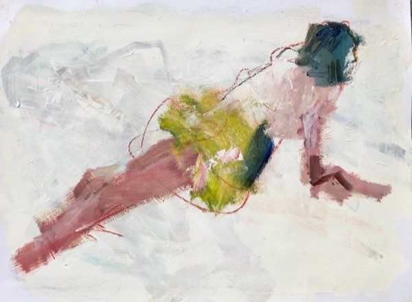 Model, getordeerd, leunend op heup en hand — schilderij van Henk van Dam