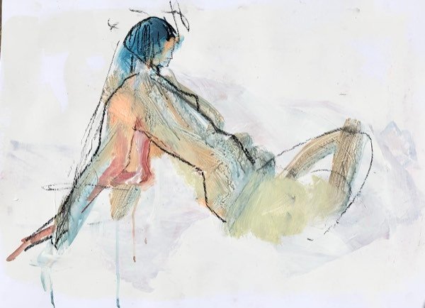 Modèle, cheveux bleus allongé — peinture de Henk van Dam