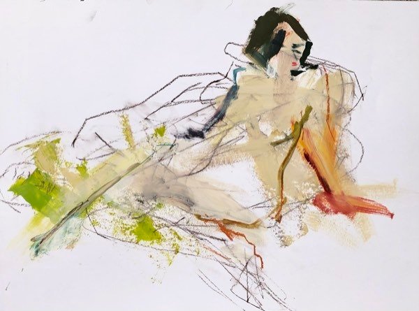 Modèle, craie verte et rouge — peinture de Henk van Dam