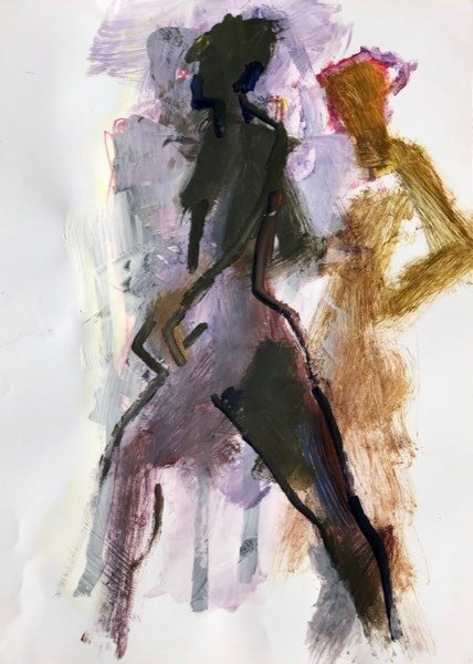 Deux modèles, silhouette olive et ocre — peinture de Henk van Dam