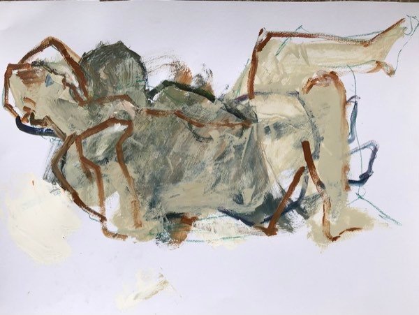 Modèle, gris olive allongé — peinture de Henk van Dam