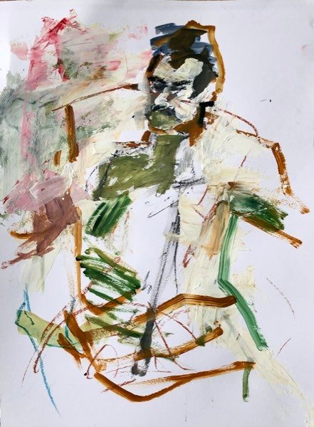 Modèle, visage olive lignes ocre — peinture de Henk van Dam