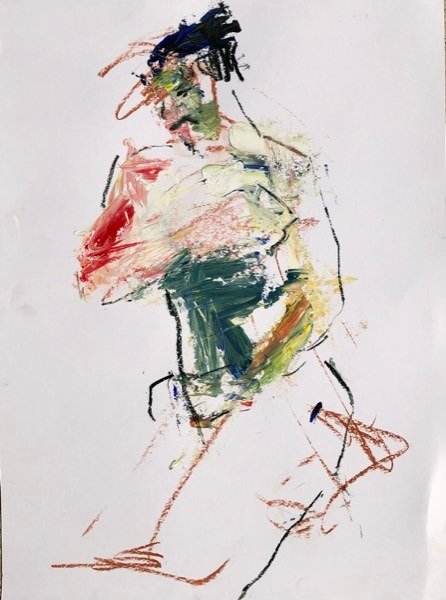 Homme agenouillé en vert foncé et rouge — peinture de Henk van Dam