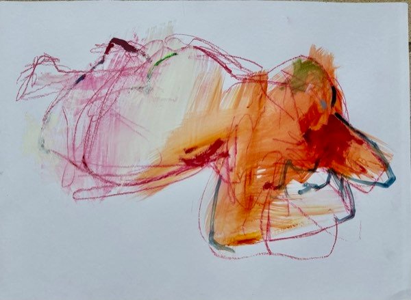 Modèle, griffonnages orange allongé — peinture de Henk van Dam