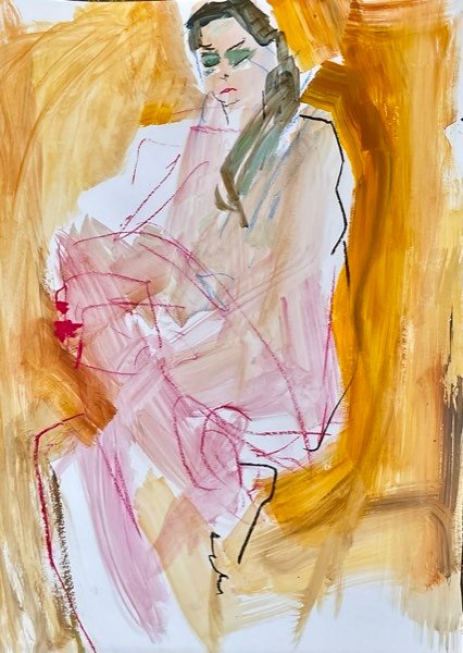 Modèle, écharpe ocre assis — peinture de Henk van Dam