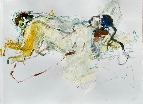 Modèle, jaune sarcelle allongé — peinture de Henk van Dam