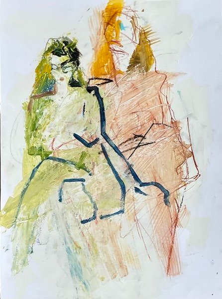 Deux figures en vert olive et orange — peinture de Henk van Dam