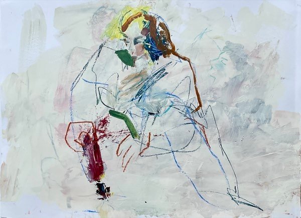 Modèle, cheveux jaunes ligne bleue — peinture de Henk van Dam