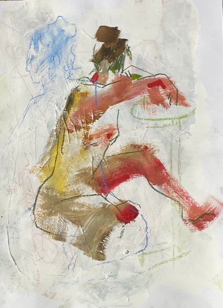 Modèle, table rouge jaune — peinture de Henk van Dam