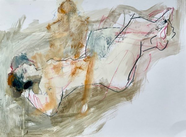 Modèle, craie sienne rose allongé — peinture de Henk van Dam