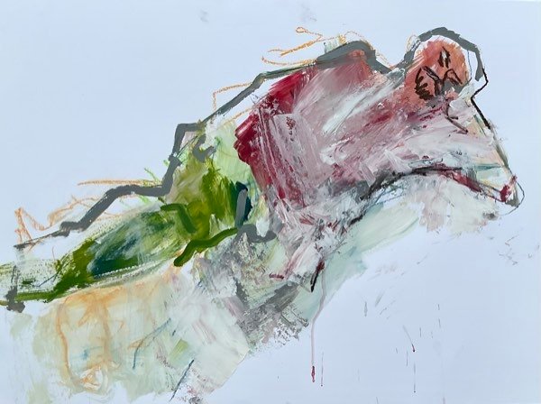 Modèle, jambe bordeaux profond et olive — peinture de Henk van Dam
