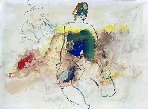 Modèle, vert foncé bleu assis — peinture de Henk van Dam