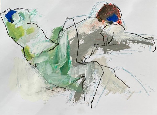Deux modèles en lavis vert et bleu — peinture de Henk van Dam