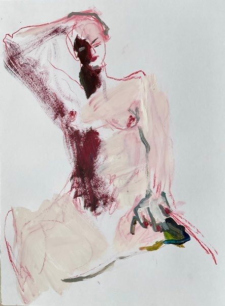 Modèle, bras levé bordeaux — peinture de Henk van Dam