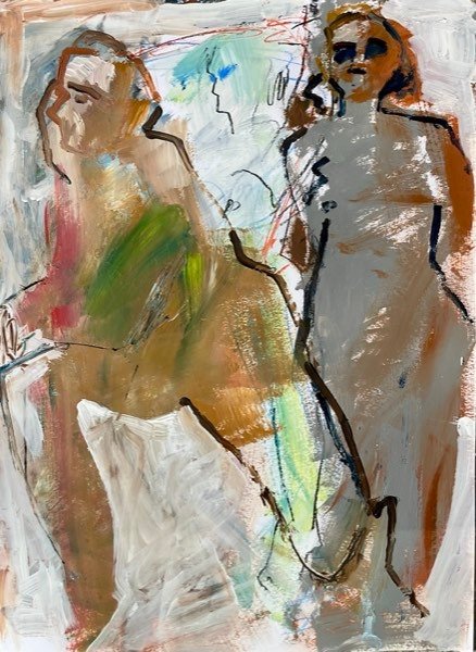 Deux modèles, olive gris debout — peinture de Henk van Dam