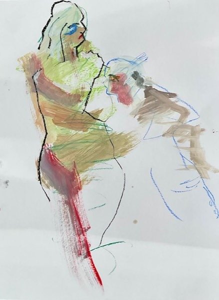 Twee modellen, geelgroen rood drapering — schilderij van Henk van Dam