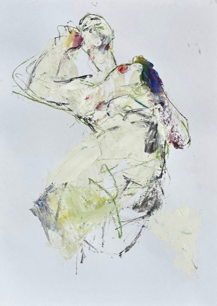 Model, crème olijf blauw accent — schilderij van Henk van Dam