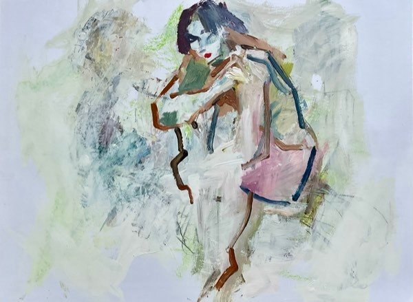 Model, zittend roze rok — schilderij van Henk van Dam