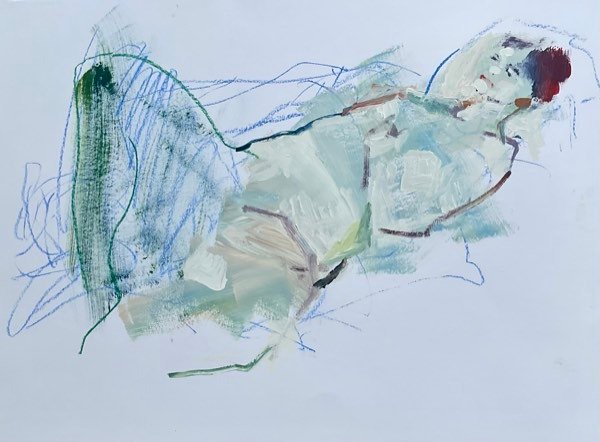 Model, blauwgroen wash reclinerend — schilderij van Henk van Dam