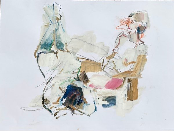 Twee modellen, blauwgrijs en oranje — schilderij van Henk van Dam
