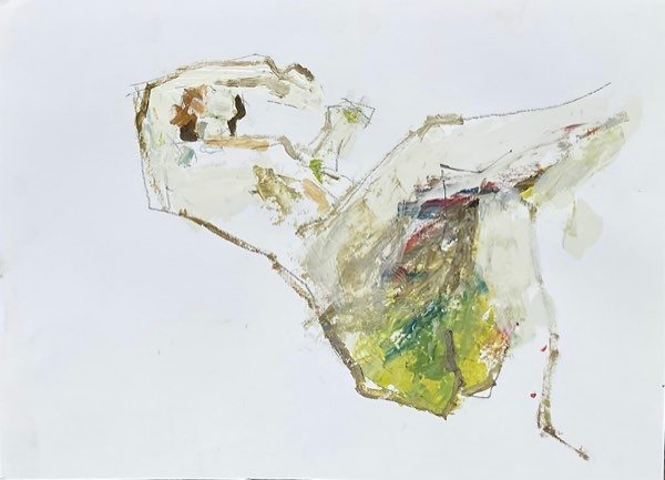 Model, olijf crème sienna reclinerend — schilderij van Henk van Dam