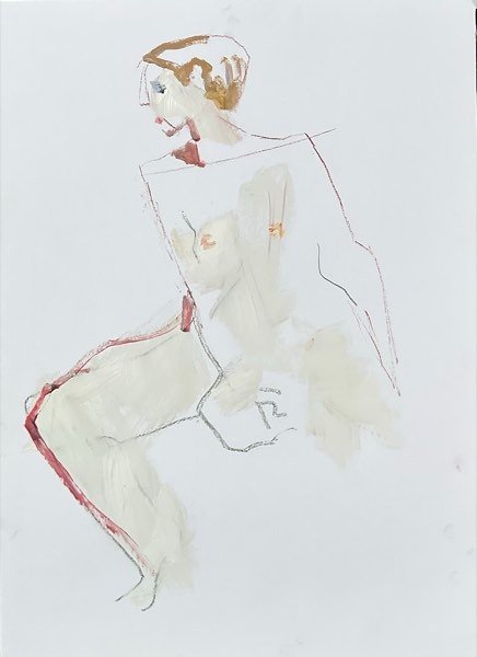 Model, crème sober maroon lijn — schilderij van Henk van Dam