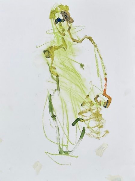 Geknield model met opgetrokken been in verf en krijt — schilderij van Henk van Dam