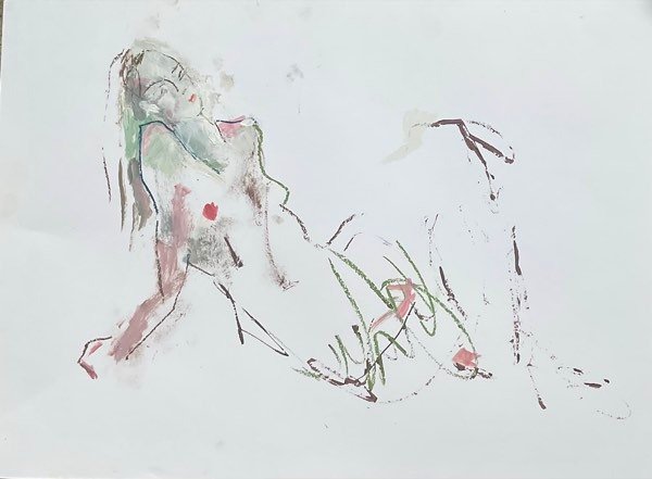Model, zacht groen roze reclinerend — schilderij van Henk van Dam